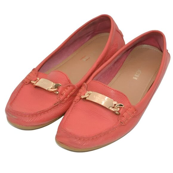 Coach Coral Mango Peach Pink Soft Pebbled Leather Gold Plate Flats Loafers 7.5 - Picture 1 of 9